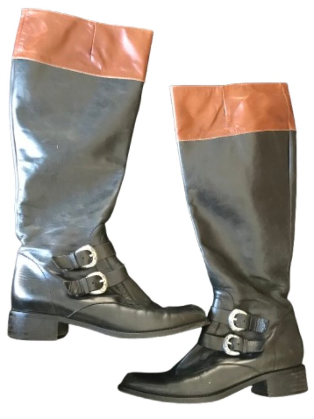 BRIGHTON HUNTER Tall Boots Black Brown Leather, Size 8